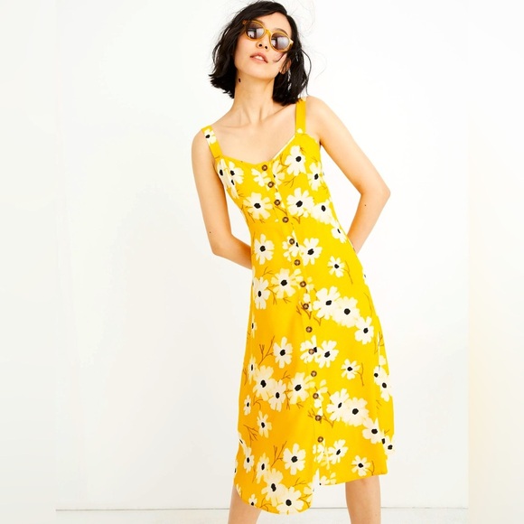 Madewell Button Front Midi Dress Ikat Floral Print Yellow sz XXS Flowy - Picture 1 of 6